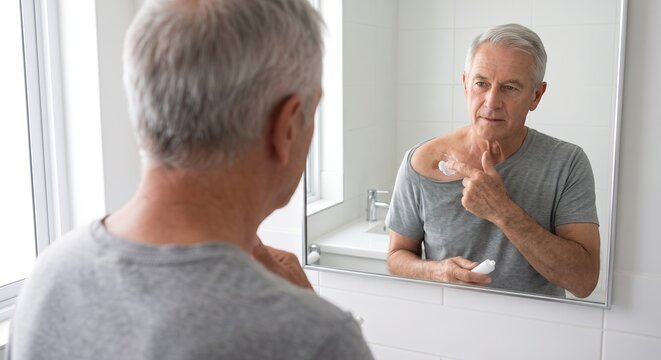 Senior man looking in bathroom mirror applying medicated cream or sunscreen to a dark age spot on his shoulder