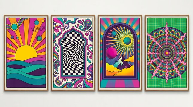 Four retro psychedelic art prints with vibrant colors abstract patterns sun and mandala designs