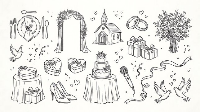 Wedding doodles set hand drawn vector collection of marriage ceremony icons illustration with church rings and cake