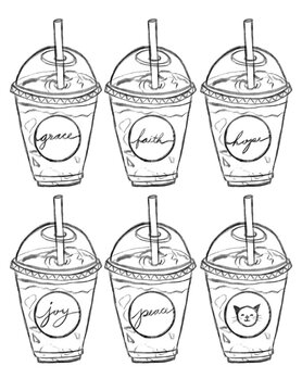 Hand drawn black and white line art illustration of a set of six iced coffee cups featuring inspirational words and a cat face, isolated on a transparent background