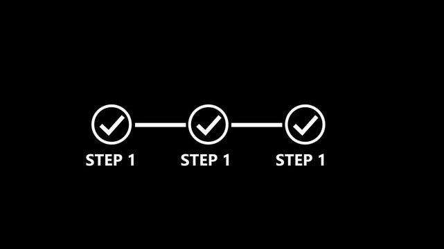 Minimalist process progress bar animation with checkmarks and step labels for business workflow infographics