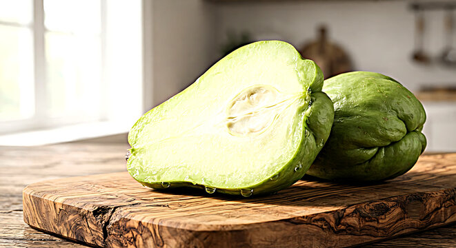 Fresh green chayote squash cut in half with water droplets sitting on a rustic wooden cutting board inside a brightly lit modern kitchen during daylight hours