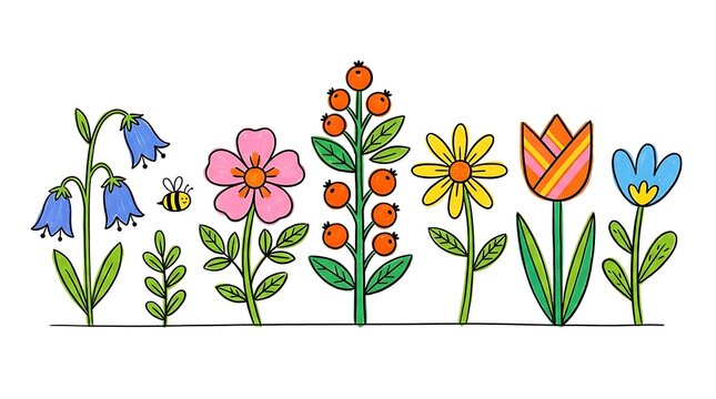 Colorful doodle flowers and cute flying bee illustration isolated on white background drawing art