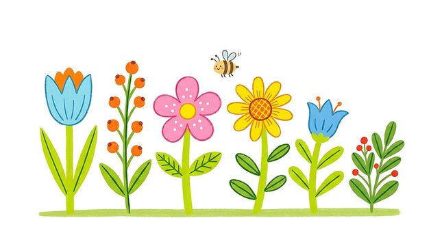 Cute hand drawn flowers and cute bee vector illustration children style design element background