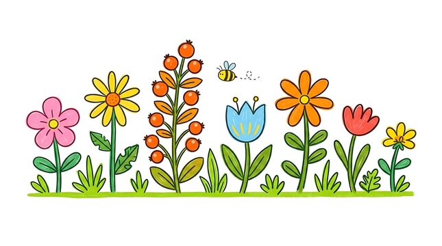 Cute hand drawn colorful flowers and a little bee on white background springtime vector illustration