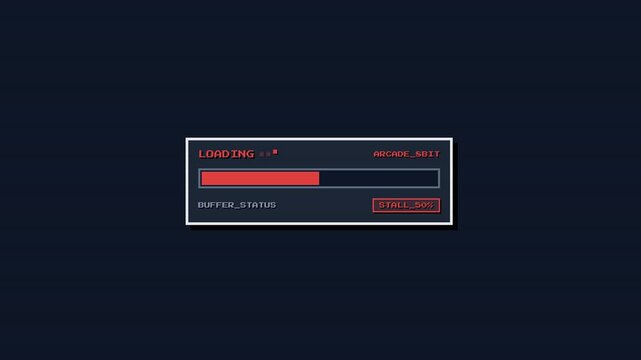 Premium 4K UI animation of an 8-bit retro pixel arcade loading bar featuring sharp pixel-art borders, CRT scanline overlay, mid-sequence stutter error.