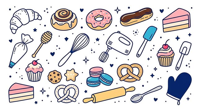 Baking icons set with pastry sweets tools mixer whisk rolling pin cupcakes and cookies doodle illustration