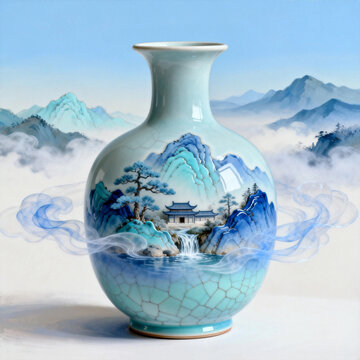 Celadon Vase with Chinese Mountain Landscape