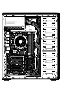 Inside of a computer case vector illustration showing motherboard, cooling fan, and drive bays