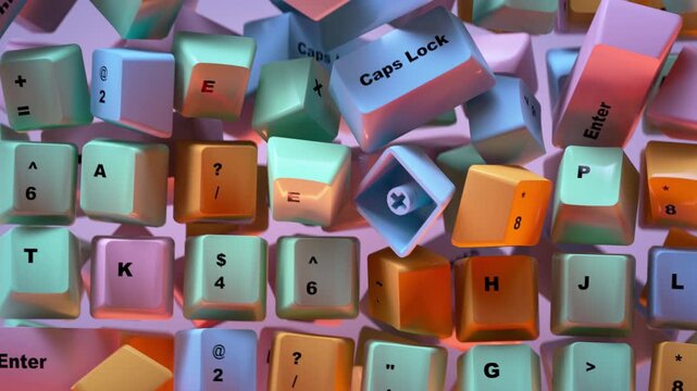 3D render animation of colorful computer keyboard keys appearing, tumbling and gathering into a dense arrangement against a purple background.