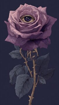 Surreal purple rose with an eye, dark background, mobile wallpaper.