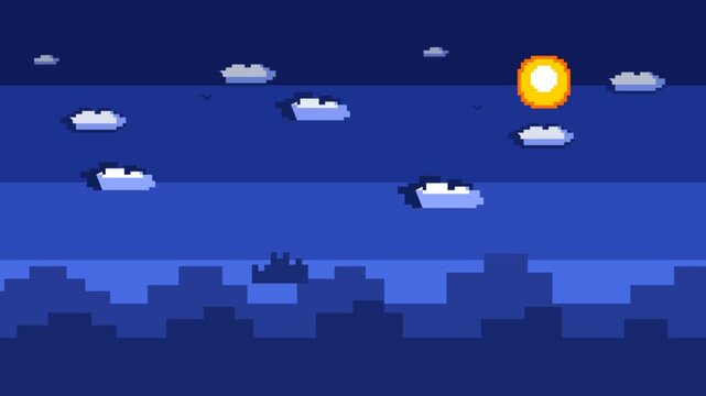 Pixel art video game background featuring a retro city skyline