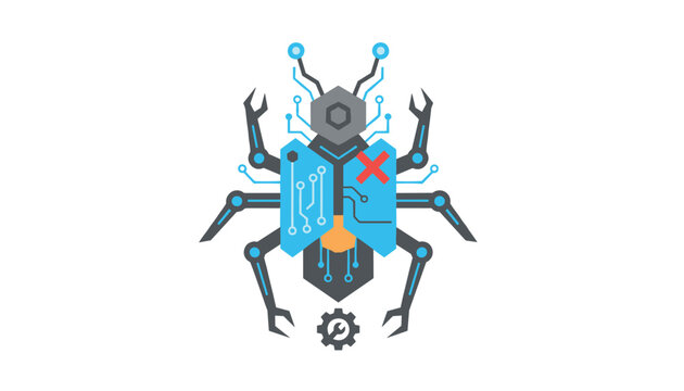 Futuristic cyber insect robot bug representing computer malware, system glitch, or technology debugging concept.