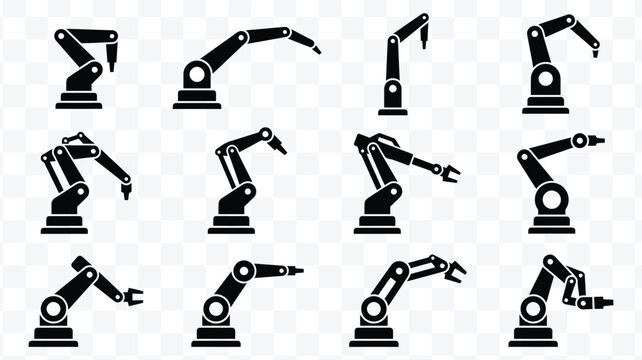 Robotic arm icons vector set, industrial automation machinery symbols, manufacturing robot technology graphic elements, engineering equipment silhouettes for factory design
