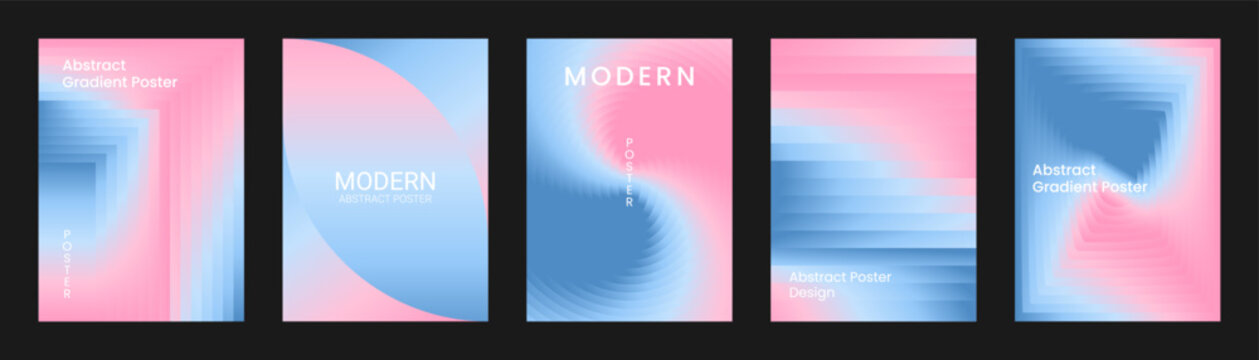 Soft pastel pink and sky blue abstract gradient poster templates set. Vector vertical brochure and booklet layouts with sweeping fluid curves, horizontal motion stripes and layered square frame tunnel