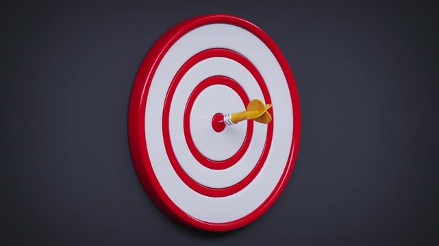 3D render animation of a dart hitting the bullseye of a red and white target on a dark background, representing accuracy, focus and goal achievement.