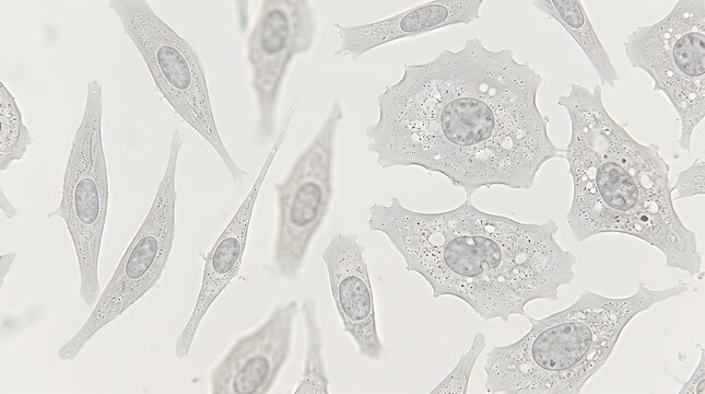 Human biological cells with visible nuclei under microscope view