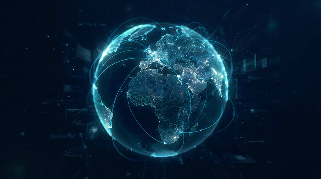 Digital earth globe with global communication network lines data nodes holographic world connection internet