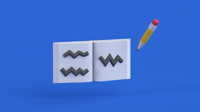 Minimal Cartoon 3D render animation of a floating yellow pencil drawing bold zigzag lines in an open notebook, illustrating writing, learning and creativity.