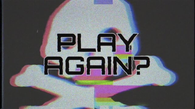 Glitching skeleton with Play Again? text on a black background. VHS distortion and RGB glitches create a retro gaming, game over and horror-inspired digital concept. Seamless Loop Animation