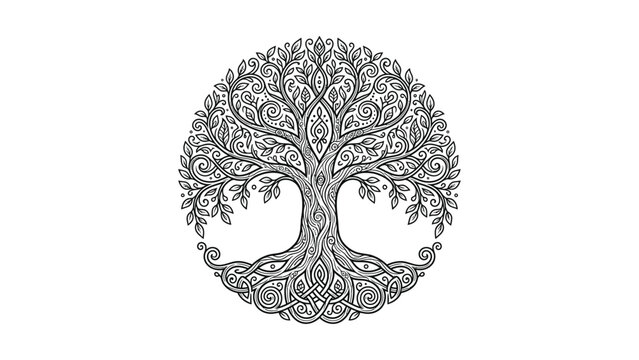 Intricate Circular Tree of Life Illustration, Celtic Knot Roots and Branches, Black and White Vector Art