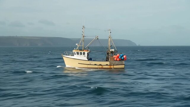 Small fishing trawler navigating choppy ocean waves at sea