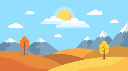 Naklejka premium Flat line art vector illustration of an autumn mountain landscape with golden rolling hills, orange trees, and snowy peaks