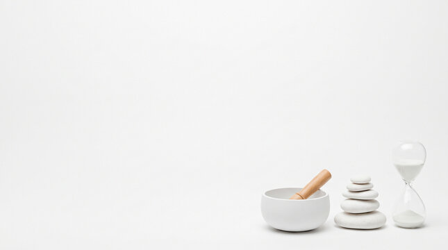 Mindfulness concept with white singing bowl, stacked zen stones, and hourglass on white background with large copy space