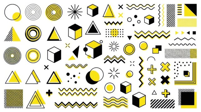 Geometric shapes and abstract elements form a vibrant yellow and black vector illustration arrangement circles collection composition contemporary cubes design graphic lines modern motif pattern