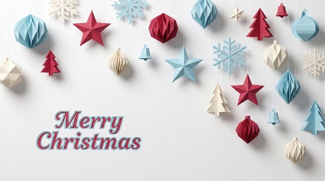 Paper craft Christmas background with Merry Christmas text, minimalist origami holiday ornaments, festive winter seasonal greeting card layout