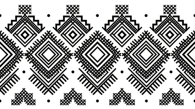 Geometric diamond pattern features a repeating black and white ornamental design on a white background abstract aesthetic angular arrangement border chevron classic contemporary decorative element