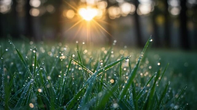 Dew-kissed grass at sunrise