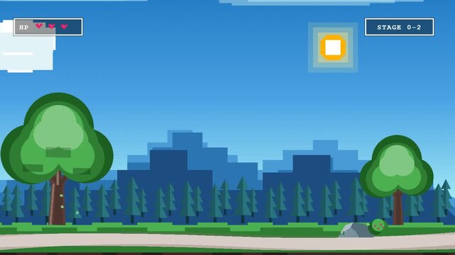 Pixel art video game background featuring a side scrolling forest landscape