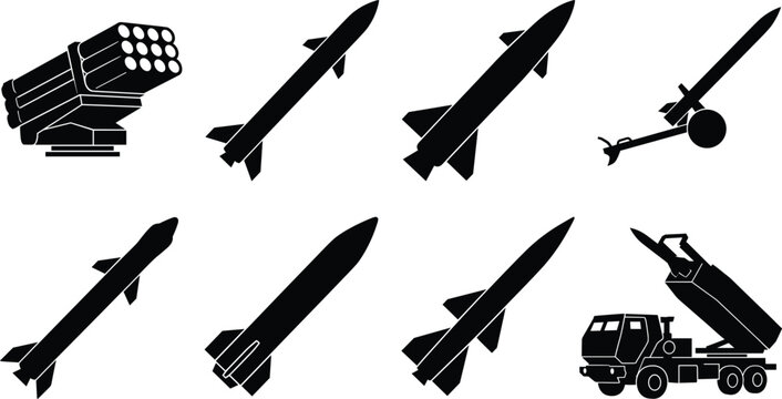 Set of multiple rocket launchers and tactical missile silhouettes featuring military defense and heavy combat equipment