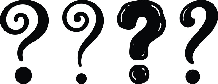 Hand drawn question mark vector silhouette icon set featuring creative interrogation punctuation symbols for quiz doubt and problem solving concepts