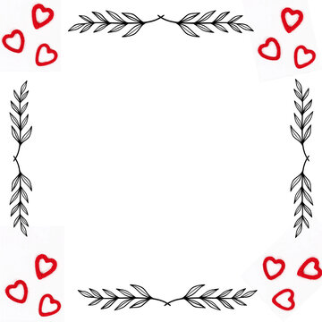 Romantic square border with hand-drawn black leaf branches and red heart shapes 