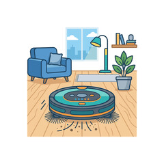 Fototapeta premium Robotic Vacuum Cleaner Cleaning Floor in Living Room with Furniture, Isolated Illustration