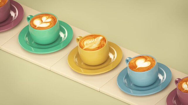 3D render seamless loop animation of colorful coffee cups and saucers with heart, tulip and rosetta latte art moving along a conveyor belt in an isometric view.