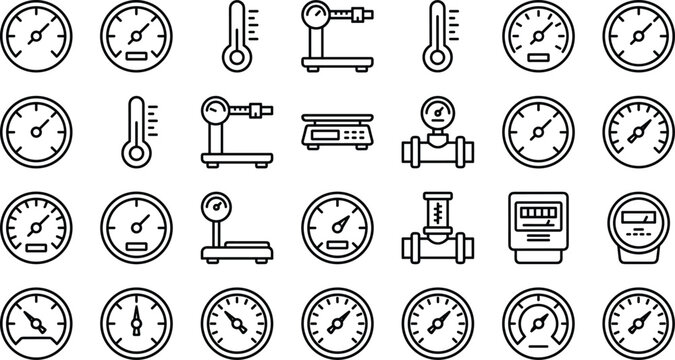 Black measuring instruments icon set with pressure gauges, dial meters, thermometers, platform scales, flow meter, electricity meter and speedometers isolated on white