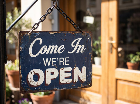 A weathered blue "Come In We're Open" sign hanging outside a shop entrance with blurred background.