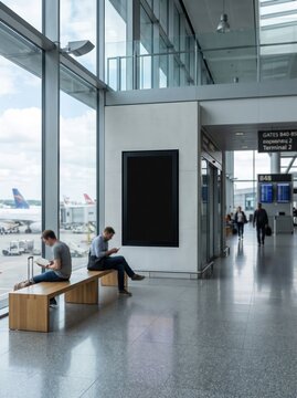 Travelers waiting in airport terminal beside blank digital display. Passenger aircraft at gate beyond glass windows. Air travel and transit. Business travel and passenger services.