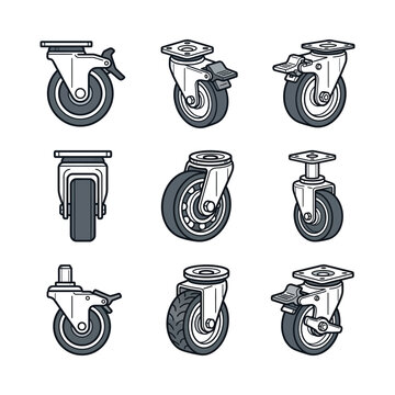 Set of Industrial Casters and Wheels: Swivel, Locking, Plate Mount, Stem Mount, Rubber Tires