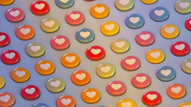 Colorful glossy heart reaction buttons rotate and fall onto iridescent surface. Playful 3D Render Animation representing love, likes, social media engagement and digital interaction