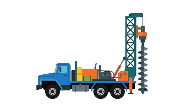 Drilling rig vehicle is depicted in a flat vector illustration style