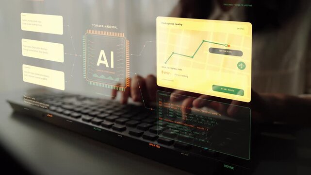 Hands type on a keyboard. An AI coding workflow brings a navigation prompt, implementation code and a map interface together, illustrating the prototyping of location-based software.