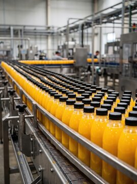 Bottles of orange juice moving along conveyor belt in beverage bottling plant. Juice production and food processing. Automated packaging line. Industrial manufacturing and beverage supply.