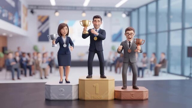 Corporate Award Ceremony Winners on Podium - Business Success and Recognition Background Illustration