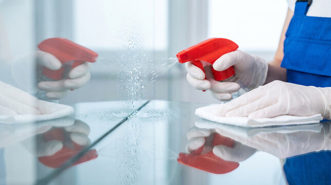 Person in gloves and uniform spraying and wiping a glass surface with a red bottle and white cloth, performing cleaning tasks.