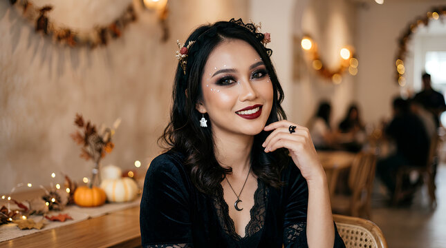 Young Asian woman in gothic Halloween makeup smiling at festive cafe