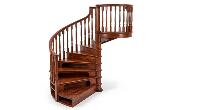 Polished wooden spiral staircase with curved steps and railing